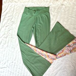 Sage green Flare Yoga Pants with Floral Bellbottoms petite Medium